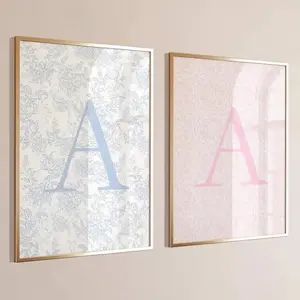 Trendy Custom Pink Blue Floral Initial Poster - Personalized Letter Wall Art for Dorm or Bedroom, Monogram Name Print Boy's Girl’s Room Decor Gift