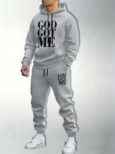 Casual hoodie and sweatpants set - fleece lining, long sleeves, printed design |   machine washable