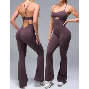 Women‘s Unitard Bodysuit with Adjustable Strappy Back – Cutout One Piece Yoga Outfit Flared Leg Butt Lifting, High Waisted Tummy Control Dance Pilates Romper