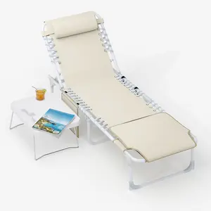 3-in-1 Garden Bench Beige – 5-Position Reclining Back, Removable Cushion & Folding Table – Outdoor Chair for Beach, Pool, Patio – 150 kg Capacity