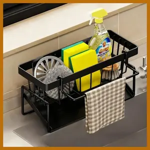 Metal Kitchen Sink Corner Sponge Drain Rack, Multifunctional Durable Home Organizer - Holds Dish Soap, Dishcloth, Brushes for Kitchen, Bathroom