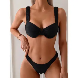 Swim Summer Beach Solid Color Bikini Set With Underwire