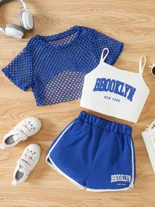 Toddler Girl's Solid Hollow Out Tee & Letter Print Cami Top & Shorts Three-piece Set, Casual Sporty Outfits for Daily Wear, Kids Clothes for Summer