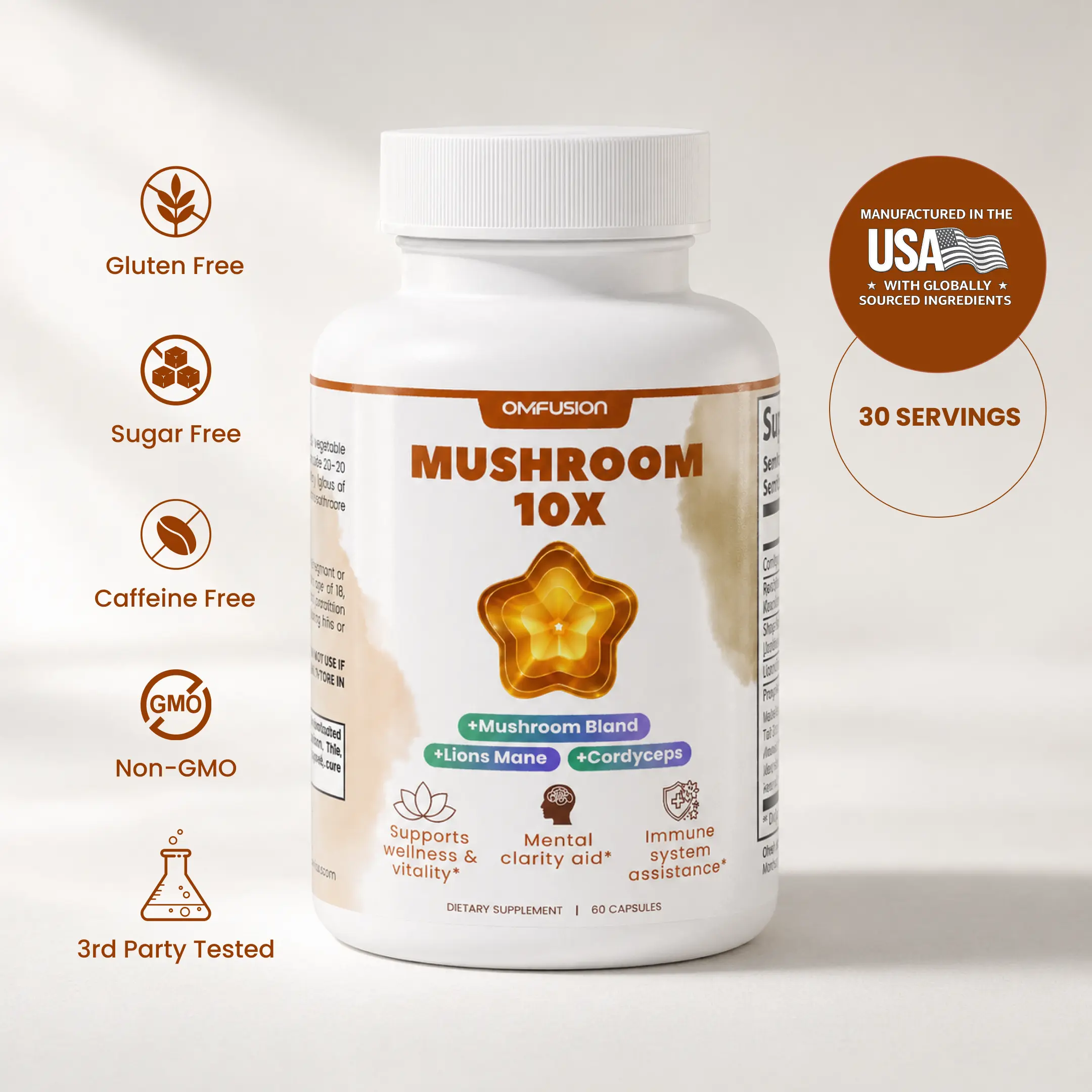 OM FUSION Mushroom Complex 10X with Lion’s Mane, Cordyceps, Reishi, Chaga, Turkey Tail, Shiitake and Maitake, 60 Capsules