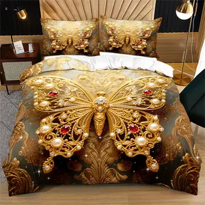 2/3Pcs Luxurious 3D Butterfly Print Decorative Duvet Cover Set, Modern Bedding Set with Jewel Patterned Detailing, No Filling/Zipper Closure, Suitable for Bedroom Decorations and Guest Room Decoration, Perfect Mother's Gift
