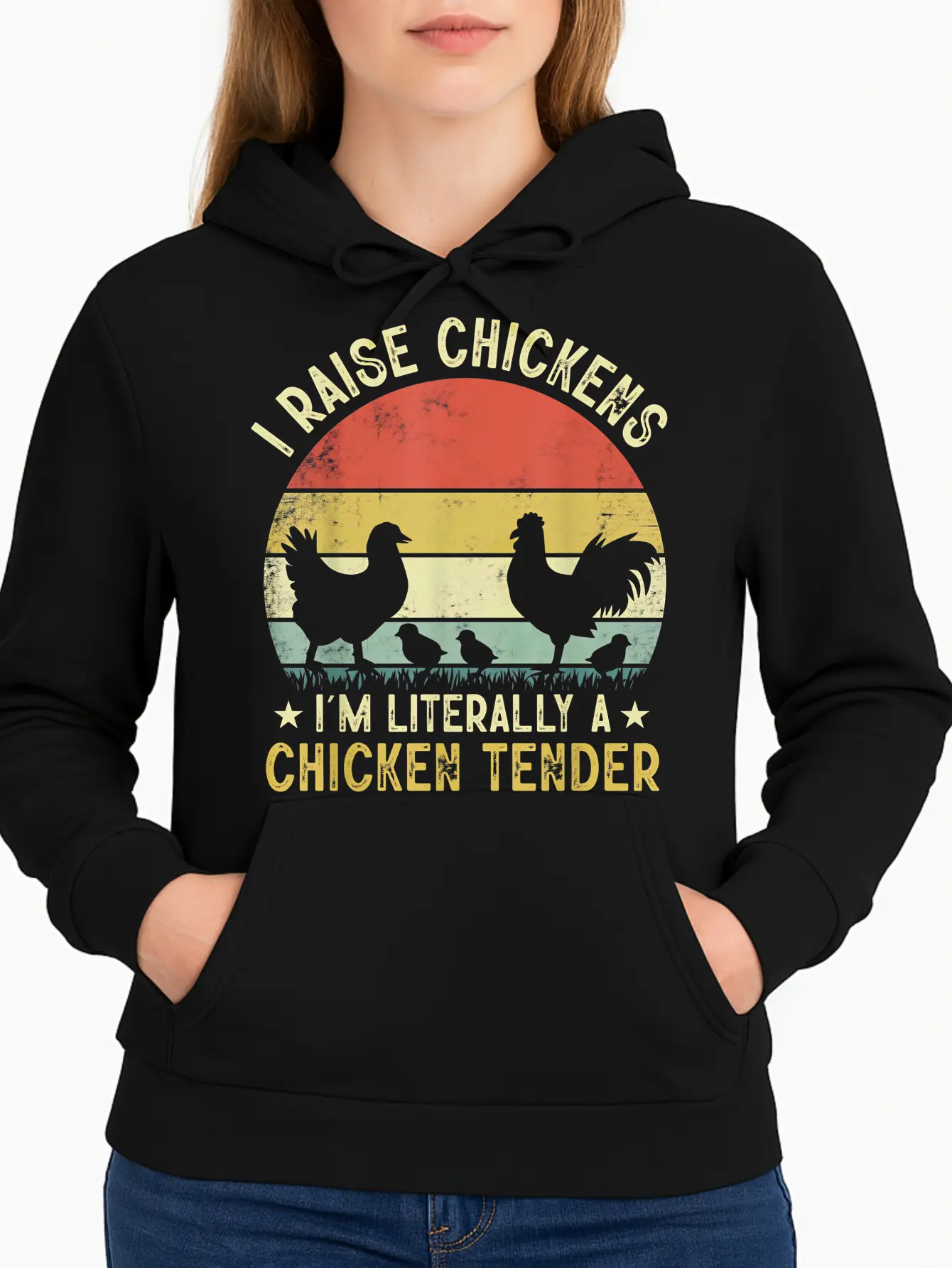 I Raise Chickens Chicken Tender Hoodie Black Vintage Sunset Chicken Silhouette Farm Life Design Casual Wear Personalized Unisex Women Winter Cozy Fleece Hooded Long Sleeve Suitable For All Outfits Made In Usa