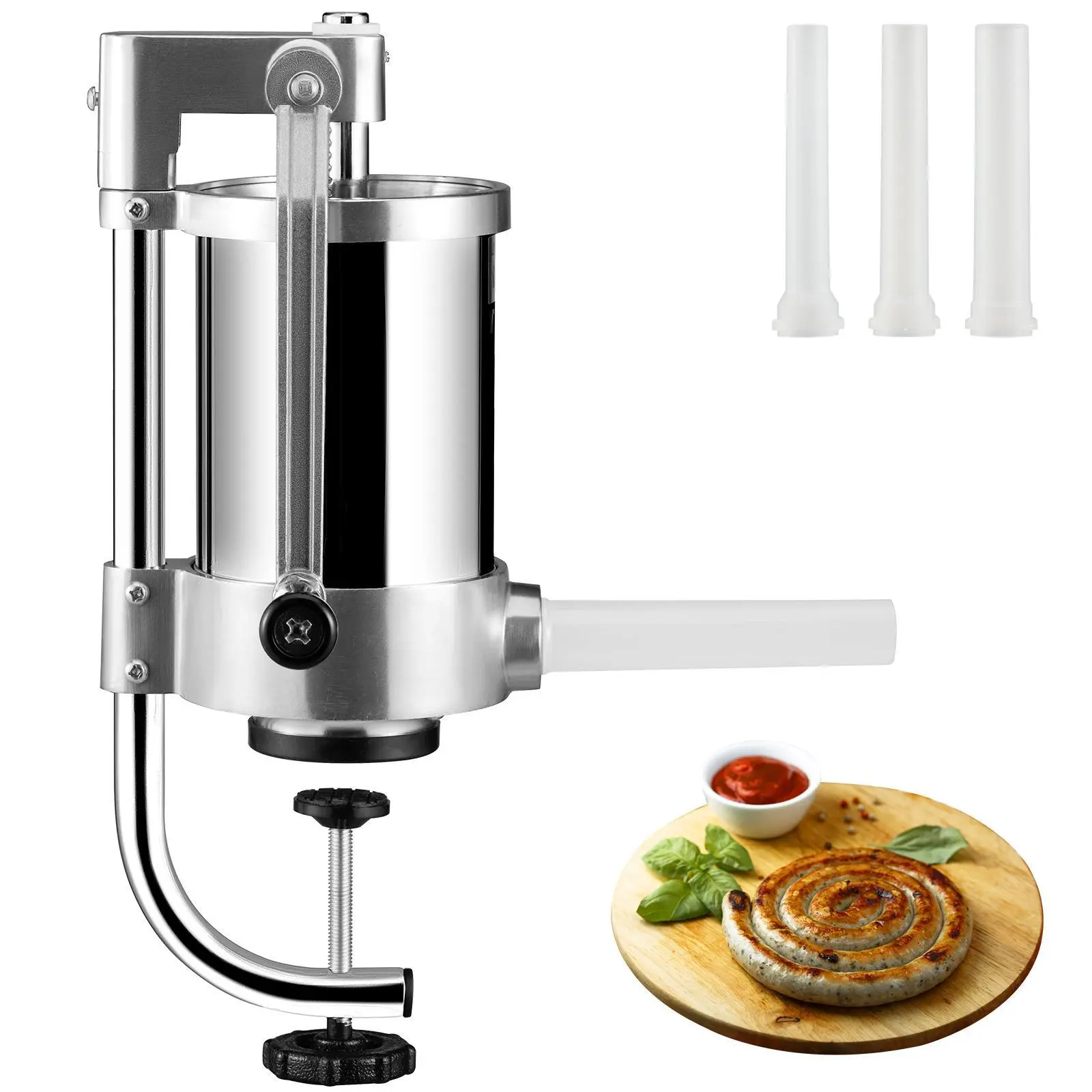 【Summerfinds】VEVOR Sausage Stuffer, 2.5LBS/1.5L Capacity, 304 Stainless Steel Vertical Sausage Stuffer, Sausage Filling Machine with 3 Stuffing Tubes, Suction Base and Manual Crank for Household or Commercial Use Kitchen Meat