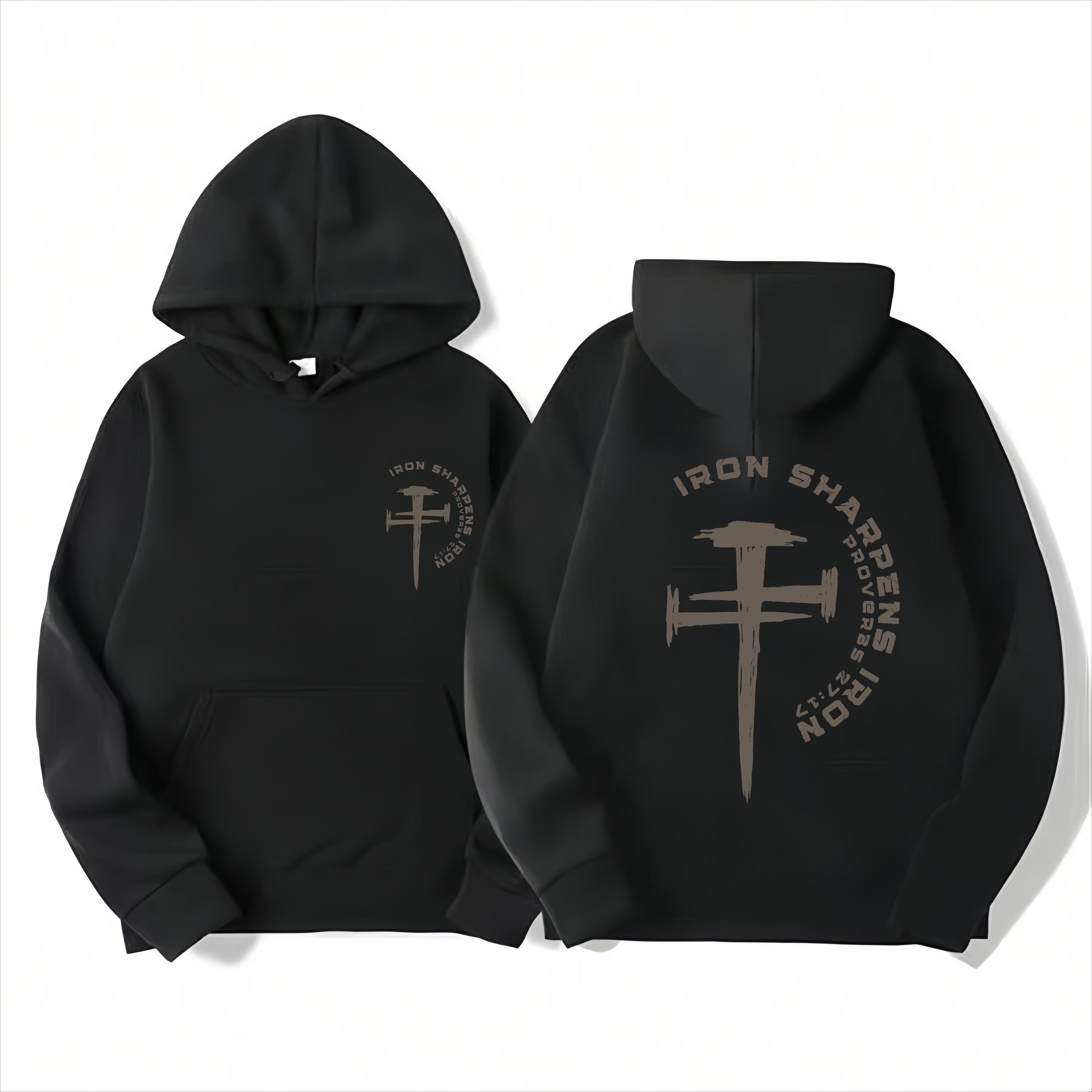 Iron Sharpens Iron Hoodie, Christian Fitness Motivation Pullover, Bible Verse Cross Design, Jesus Faith Gymwear for Men