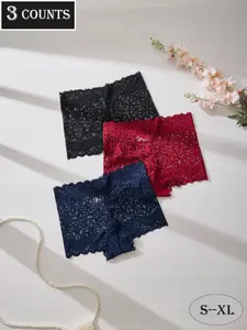 Dorsu 3 Piece Sexy High Stretch Lace Thong Panties Set, Floral Leaf Pattern, Fitted Soft Fabric, Comfortable Breathable, Everyday, All Seasons