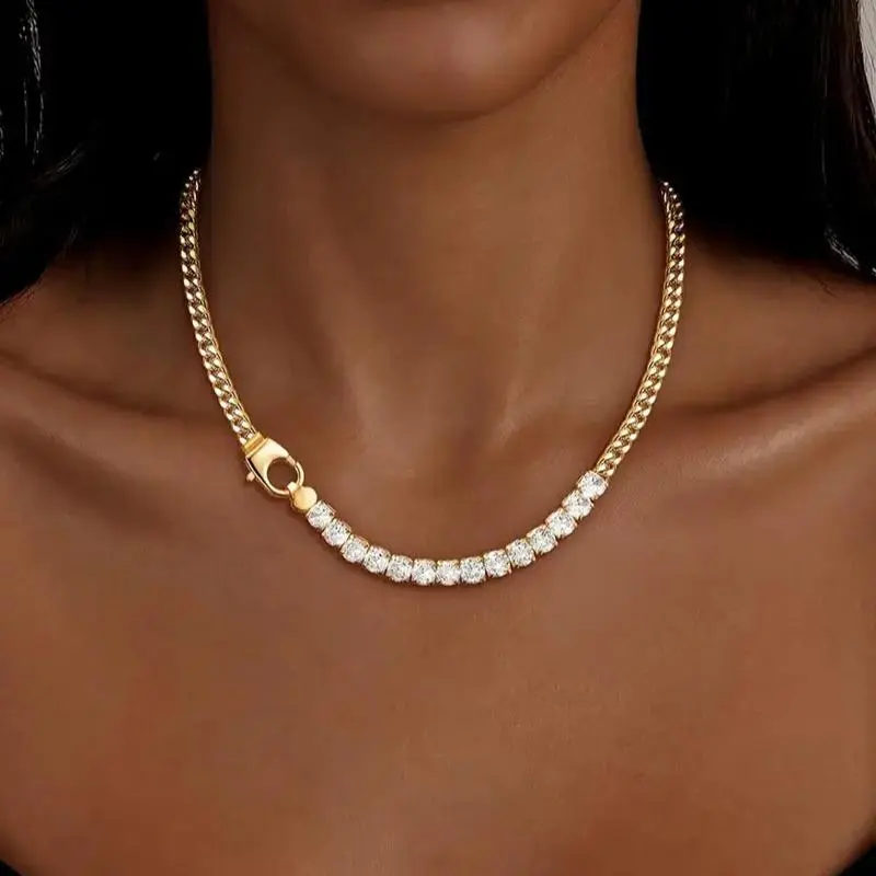 Women's Gold-Metal Coated Cuban Link Chain Necklace with Sparkling Rhinestone Accents, Luxury Look Party Wear Costume Jewelry Accessory, Gold Cuban Chain, Metal Coating, Short Neckline