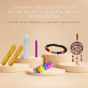 Chakra Balancing Kit with Root Chakra Brass Windchime - Energy balancing set, Spiritual wellness tools, Mindfulness, Holistic healing, Meditation, Positivity, Good vibes, Chakra activation, Root chakra energy, Mind-body connection, Palo Santo, Sage,