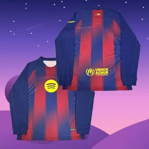25 26 Home Red And Blue Long Sleeve Soccer Jersey Fans Version K