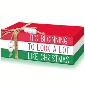 Christmas Themed Book Stack Shaped Decoration, 1 Count Letter Pattern Imitation Book Display with Wooden Beads, Desktop Mock Book Prop for Home & Party Decoration