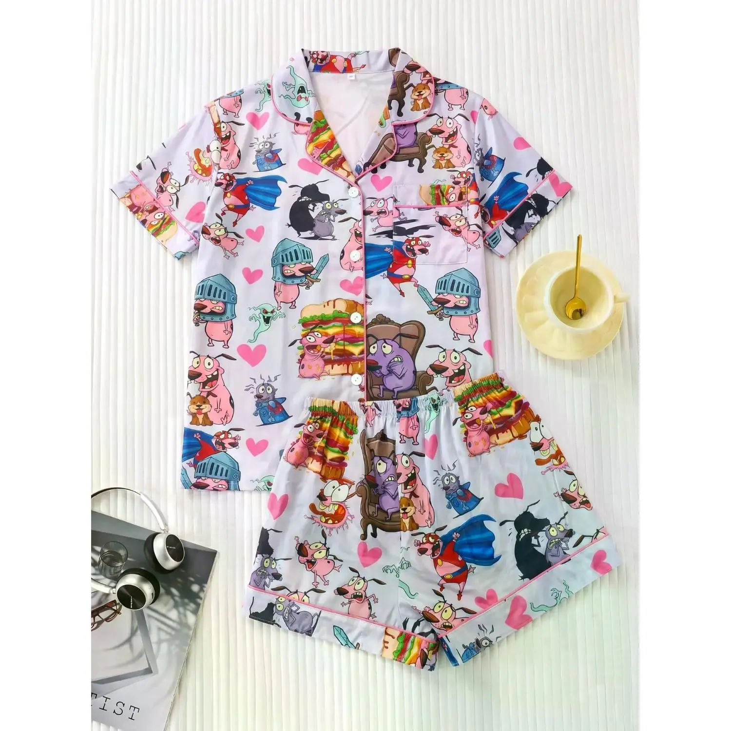 Cartoon Print Women's Pajama Set, Short Sleeve Button-Down Top & Comfy Loose Shorts, Cute & Cozy Loungewear for All Seasons