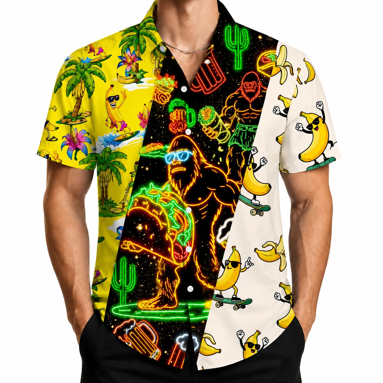 Funny American Hawaiian Shirt 3D Printed Bigfoot Vacation Button Down 4-Way Stretch Breathable Short Sleeve Aloha Shirt for Beach Party BBQ Summer Holiday XS-5XL