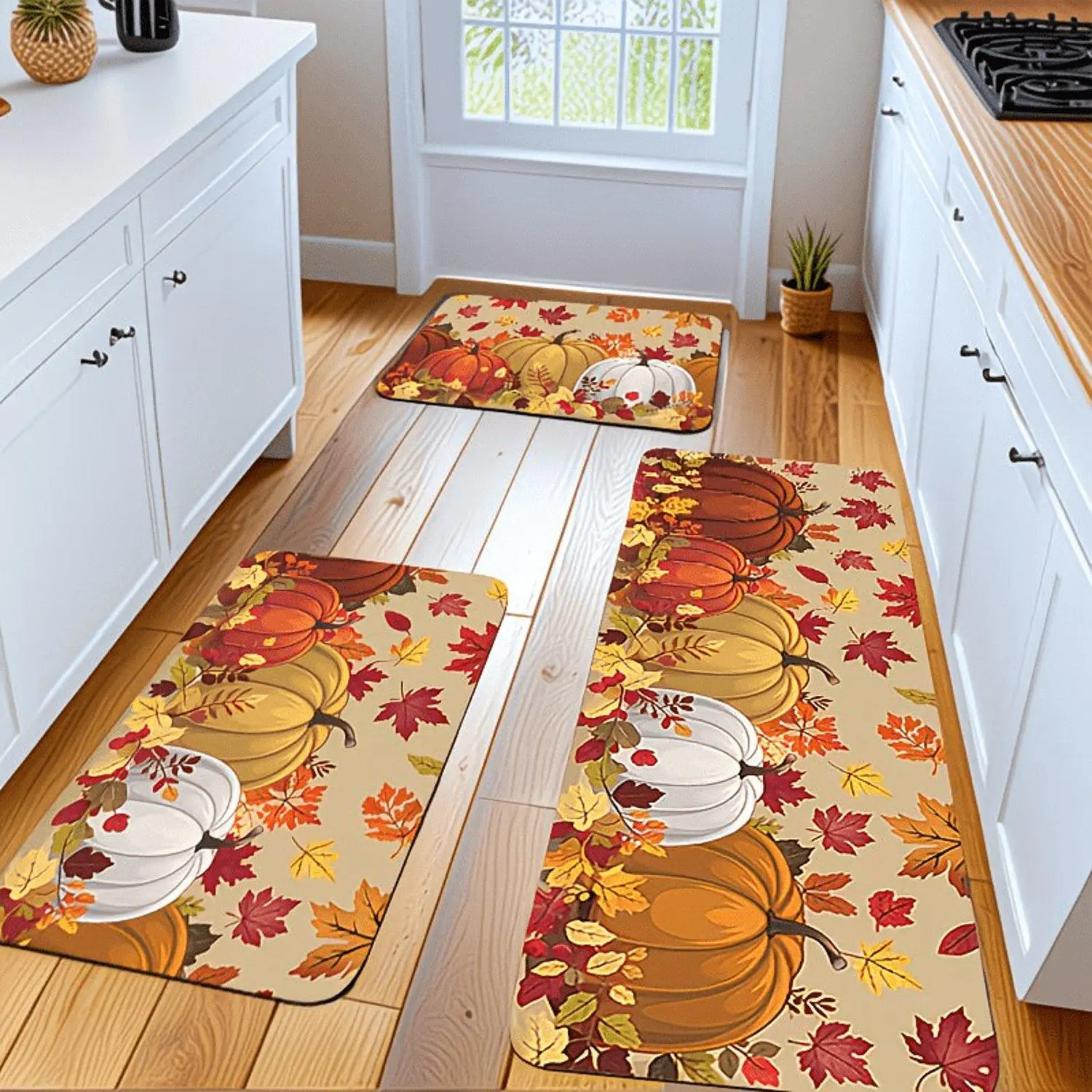 Fall Maple Pumpkin Kitchen Mat Set, Very Good Thanksgiving Home Decoration Mat, Flannel Material Is Dry, Non-slip, Soft, Comfortable And Easy to Clean, Suitable for Bathroom Door Mat, Bedroom, Living Room, Laundry, RV Decoration