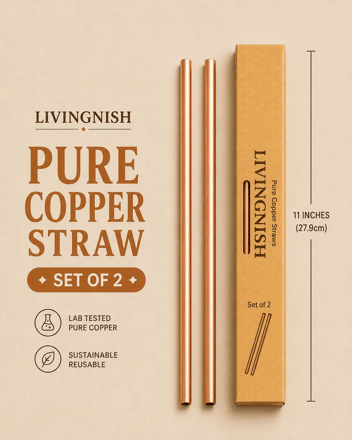 Pure Copper Drinking Straws – 11” Reusable Metal Straw (2 Pcs Set)