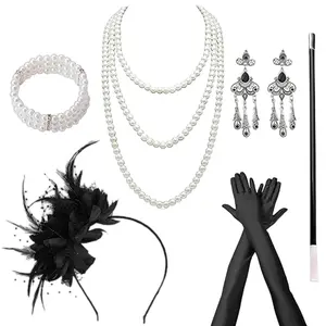 1920s Accessories for Women – Flapper Feather Headband, Pearl Necklace, and Vintage Cigarette Holder (Black) – Roaring 20s Theme Set, Gatsby Style Costume Accessories for Great Gatsby Party, Halloween, Wedding, or Themed Events