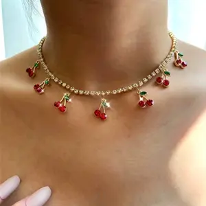 Boho Bling Rhinestone Cherry Pendant Fashion Necklace Choker Jewelry Women Gifts with Colorful Gemstones and Sparkling Rhinestones Metal Coating