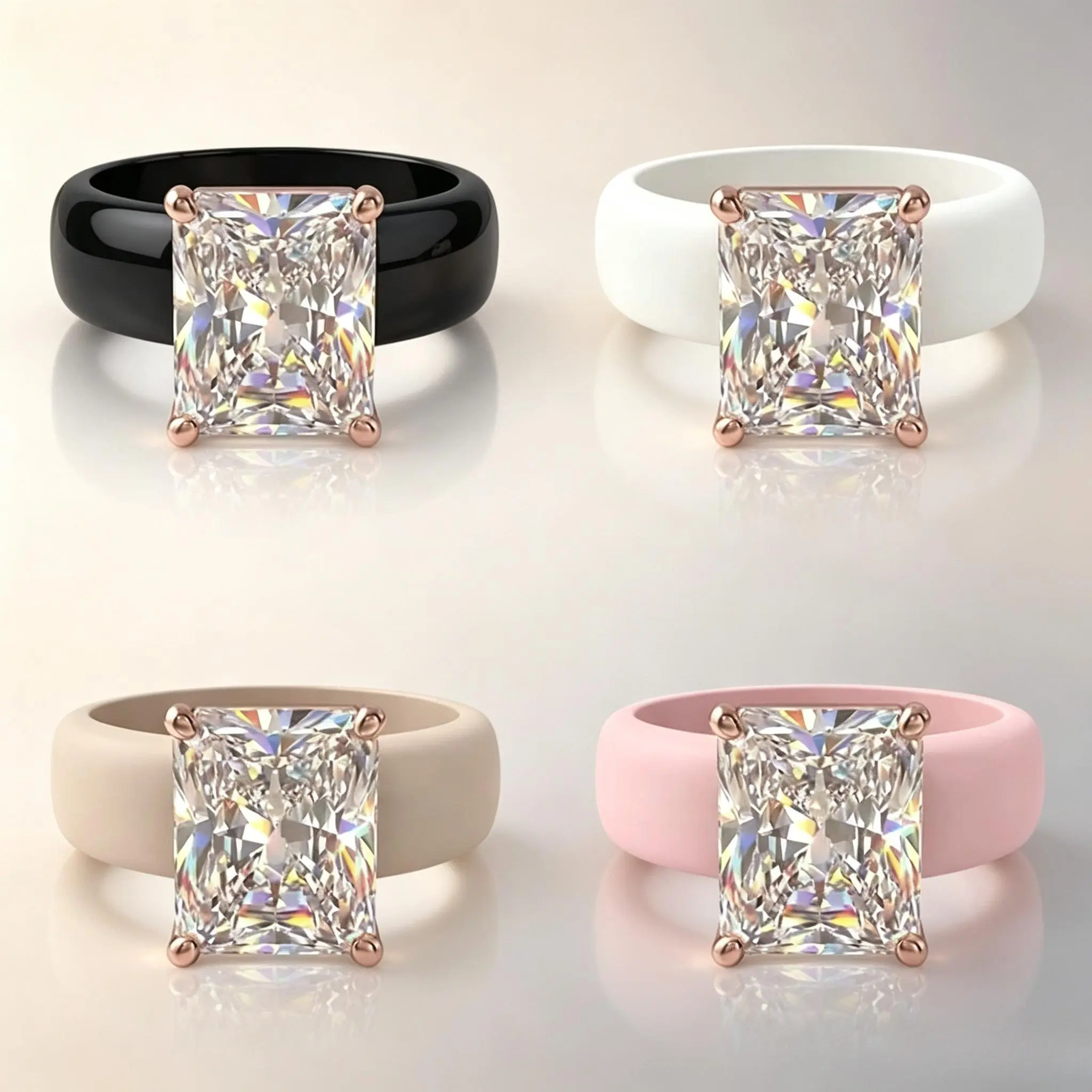 Women Radiant Cut Square Moissanite Silicone Ring, Rose Gold 4 Prong Comfort Rubber Band, Waterproof Stackable Engagement Wedding Ring, Daily Fashion Non-Tarnish Jewelry For Women