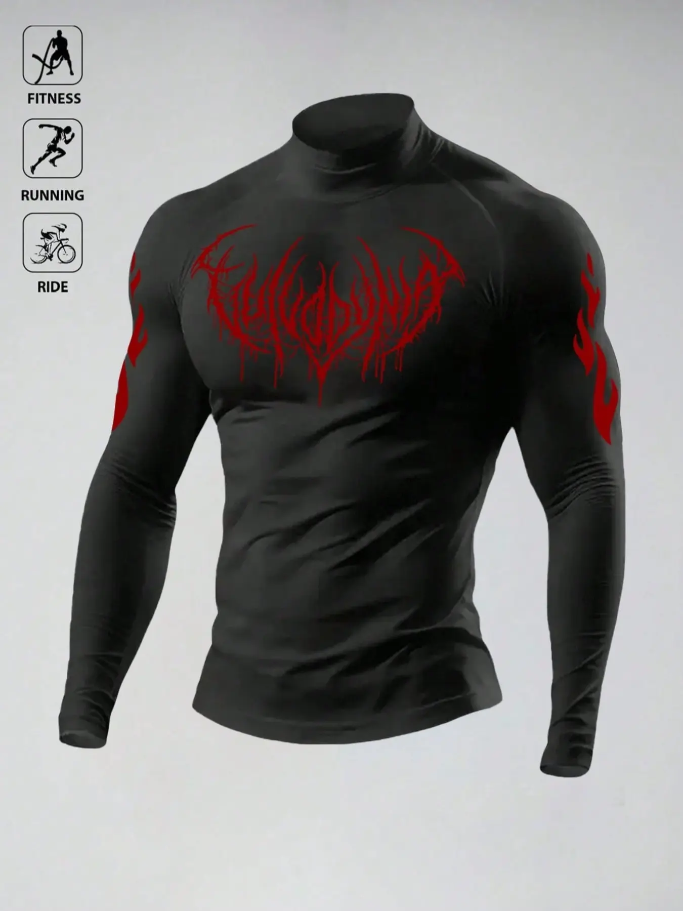 Men's Compression Workout Rash Guard, High Neck Long Sleeve, Graphic, 4-Way Stretch, Quick Dry, Ideal for Fitness, Running, Riding, Training, All Seasons
