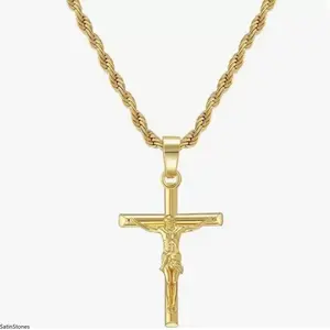 Cross Necklace 18K Gold Plated Cross Pendant with 3mm 22" Rope Chain for Men Women Religious Gift for Easter Christmas Valentine‘s gift