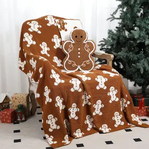 Christmas Gingerbread Man Throw Blankets Pillow Set Include Double Sided Flannel Blanket 50 x 60 Inch and Gingerbread Man Plush Throw Pillows Cushion for H