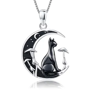 LunaStdla Black Cat Necklace - 925 Sterling Silver Gothic Style Black Cat Moon Mushroom Necklace Crescent Necklace for Women Men Unisex Furry Friend Gifts for Cat Lovers,Suitable for Daily Wearing
