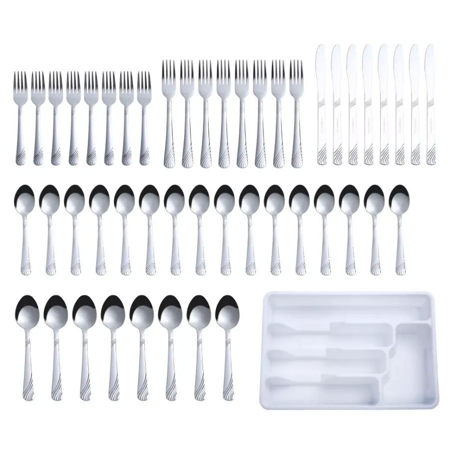 49-Piece Stainless Steel Flatware Set with Organizer Tray, Silver Swirl Design, Service for 8