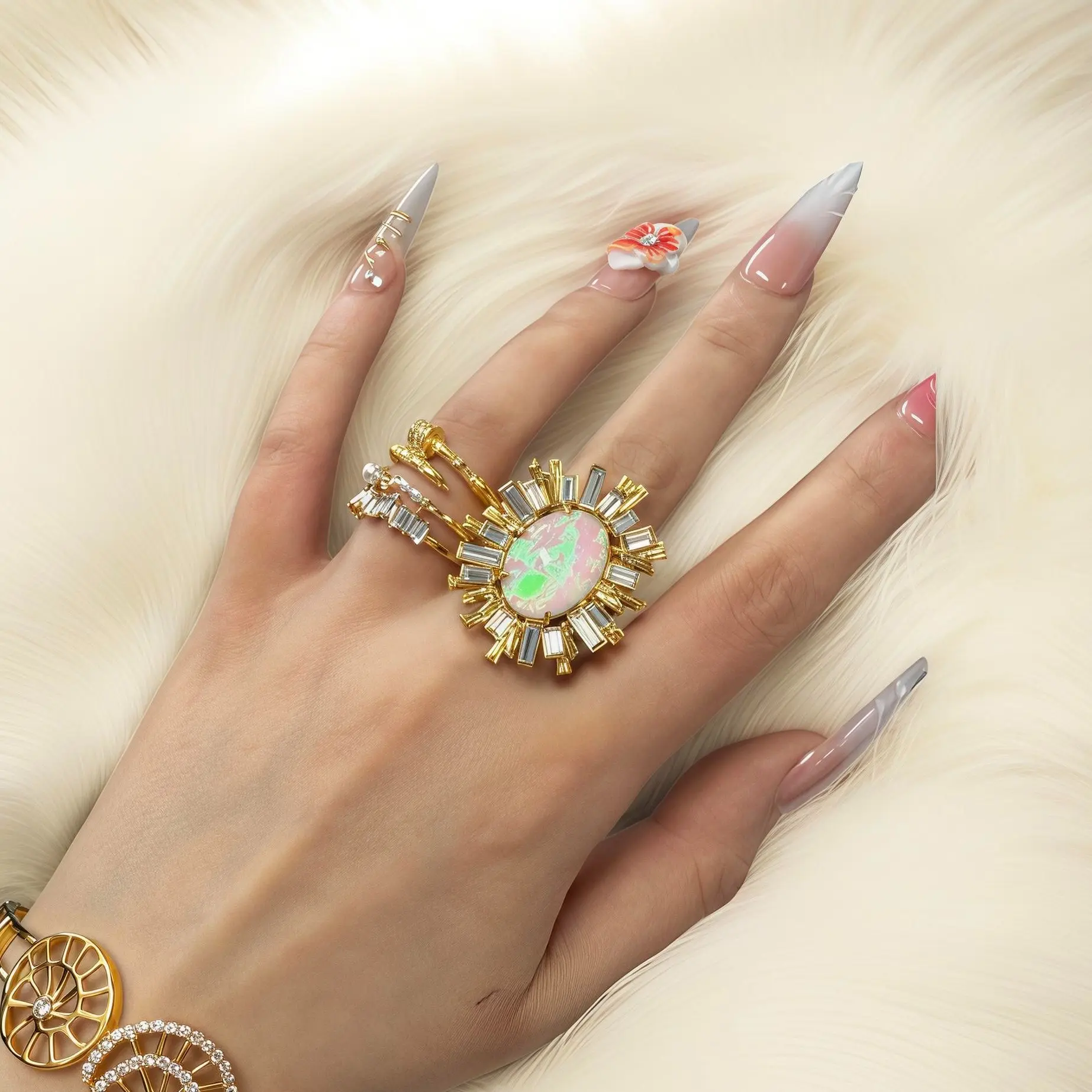 Women's Vintage Sunburst-Oval Opal Stud Ring, Fashion Costume Jewelry Accessory