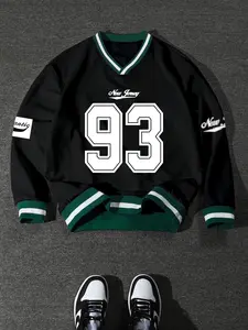 Unisex Loose-Fit V-Neck Sweatshirt, Digital Print Long Sleeve Pullover, Casual Street Style, Thick Fabric, Fall & Winter Fashion