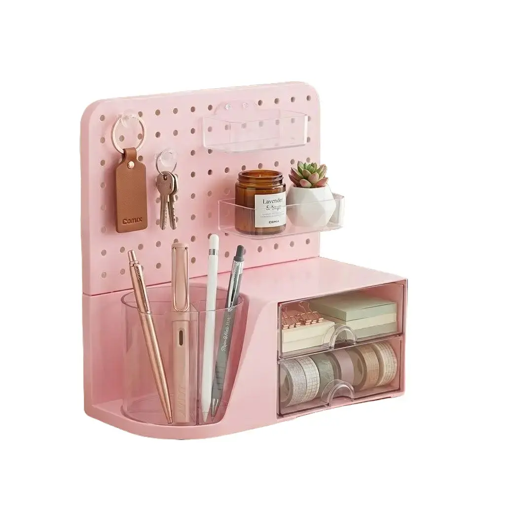 Comix Desk Organizer with Drawer, 360° Rotating Pen Holder for Desk, Pen Organizer with 5 Slots Pencil Holder+Pegboard+2 Drawer for Office Home Art Supplies