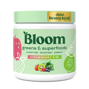 Bloom Nutrition Greens and Superfoods Powder for Digestive Health, Greens Powder, Digestive Enzymes, Probiotics, Spirulina, Chlorella for Bloating & Gut Support, Green Juice, 30 SVG, Strawberry Kiwi