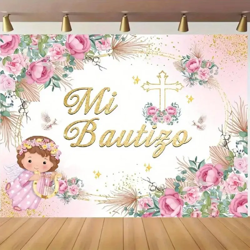 Elegant Blush Pink Smooth Polyester Baptism Banner - 1-Piece Indoor Wall Hanging Backdrop, Golden Cross, Floral Print, Flower Ornaments, Baptism-Ready Look, First Communion Decoration Supplies