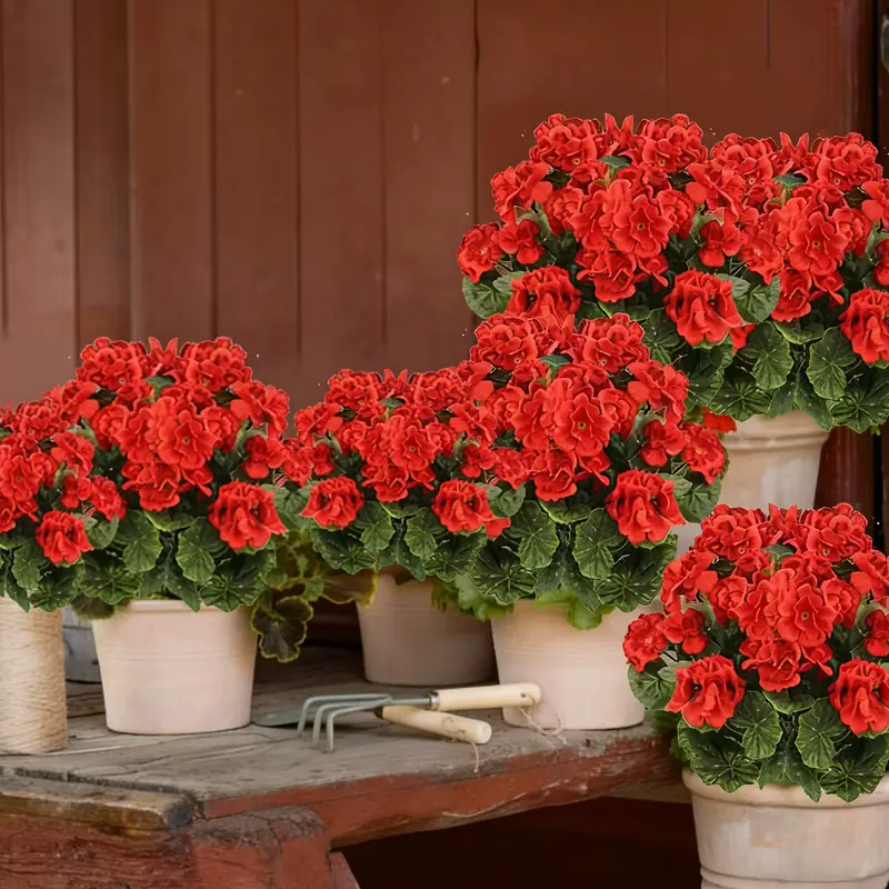 UV-Resistant Plastic Outdoor Artificial Geranium Blooms (6/8/12-Piece Bulk Packs) - Porch-Ready Balcony Nature Plants, Decorative Decoration Ornaments for Home Indoor/Outdoor Courtyard Hanging Flower Pots
