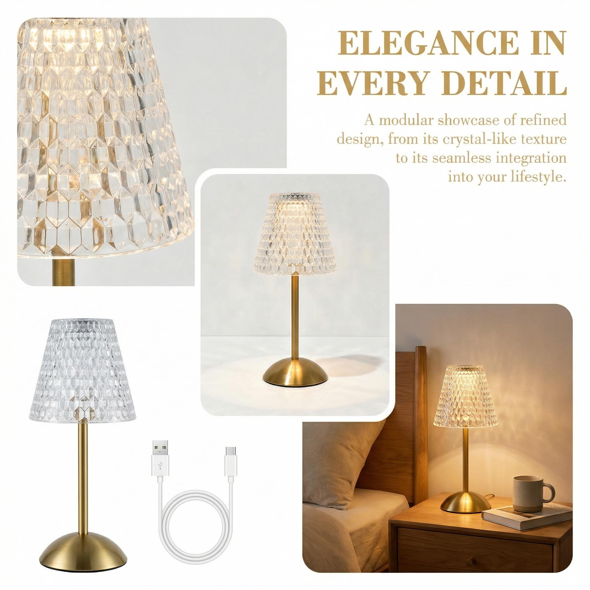 Modern Gold Crystal Table Lamp, Elegant Ambient Bedside Light for Bedroom, Living Room, Nightstand and Home Decor