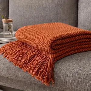 Lightweight Knitted Throw Blanket with Long Fringes, Soft Bubble Texture Blanket for Bed, Sofa, and Outdoor Picnic, All-Season Use