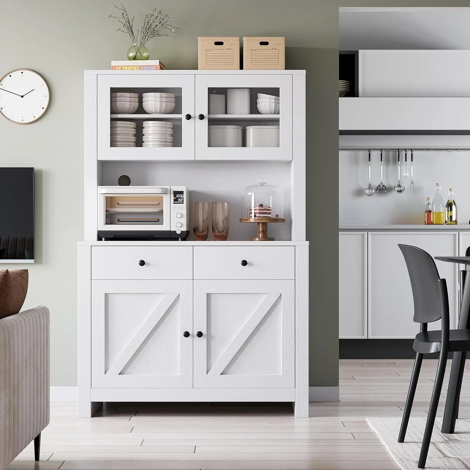 Freestanding Pantry Cabinet with Microwave Stand, Adjustable Shelves, and Coffee Bar Storage for Kitchen