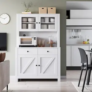 Freestanding Pantry Cabinet with Microwave Stand, Adjustable Shelves, and Coffee Bar Storage for Kitchen
