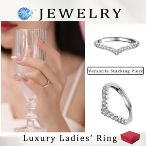 Full Cubic Zirconia Wishbone Ring – V-Shaped Design with Heartbeat Pattern, a Symbol of Love and Luck. A Thin Stackable Band with Comfort Fit, Adjustable Sizes. Perfect for Engagement, Promise, Anniversary, or Valentine’s Day Gift. ﻿