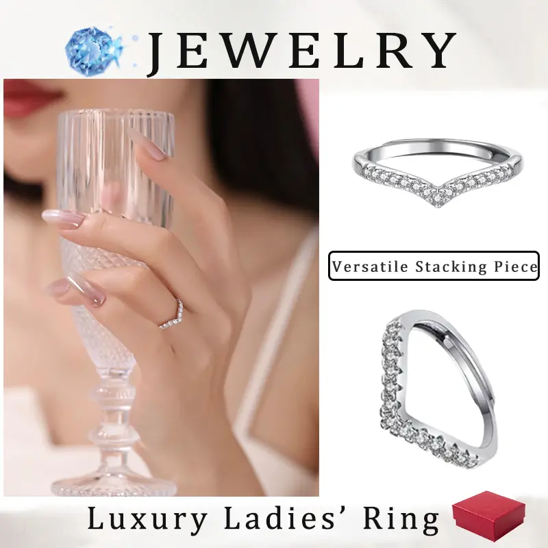 Full Cubic Zirconia Wishbone Ring – V-Shaped Design with Heartbeat Pattern, a Symbol of Love and Luck. A Thin Stackable Band with Comfort Fit, Adjustable Sizes. Perfect for Engagement, Promise, Anniversary, or Valentine’s Day Gift. ﻿