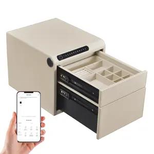 Golden keyvault grade smart jewelry safe, large capacity leather jewelry box with fingerprint, password, bluetooth & key lock, velvet interior jewelry organizer built in aroma diffuser