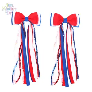 2Pcs American Independence Day Bow Hair Clips, Red White Blue Sequin Tassel Hair Bows, Patriotic Party Hair Accessories