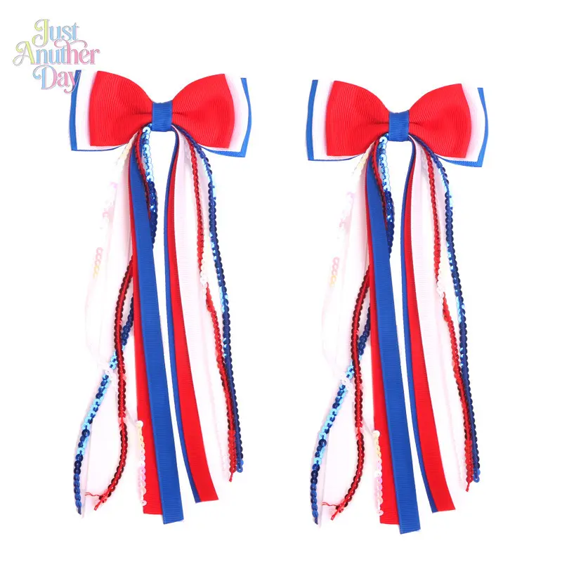 2Pcs American Independence Day Bow Hair Clips, Red White Blue Sequin Tassel Hair Bows, Patriotic Party Hair Accessories