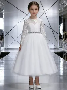 Elegant Flower Girl Dress for Little Girls, Perfect for Special Occasions, Features Large Bow and Long Sleeves, Stylish Wedding