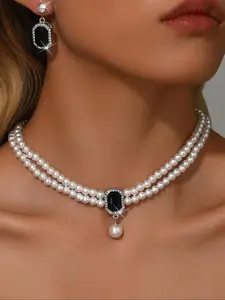 Elegant Faux Pearl & Crystal Decorated Jewelry Set, Including Pendant Necklace & Dangle Earrings, Fashion Jewelry Accessories for Women