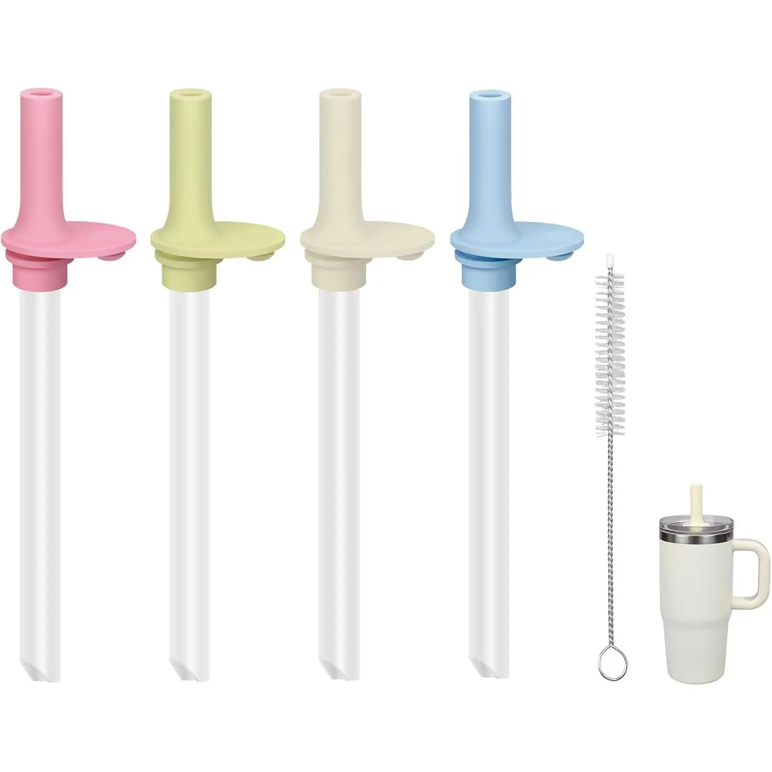 Synthetic Durable Silicone Drinking Straws - 4-Pack Spares for YAYA 12oz My First Travel Tumbler, No Leaks, Secure Fit, 1 Cleaning Brush Included (4 Colours)