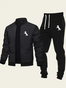 Men's Baseball Collar Casual Set 2-Piece Fashion Zipper Jacket & Drawstring Sweatpants Minimalist Trendy Design with Galloping Horse Print Ideal for Sports & Everyday Wear
