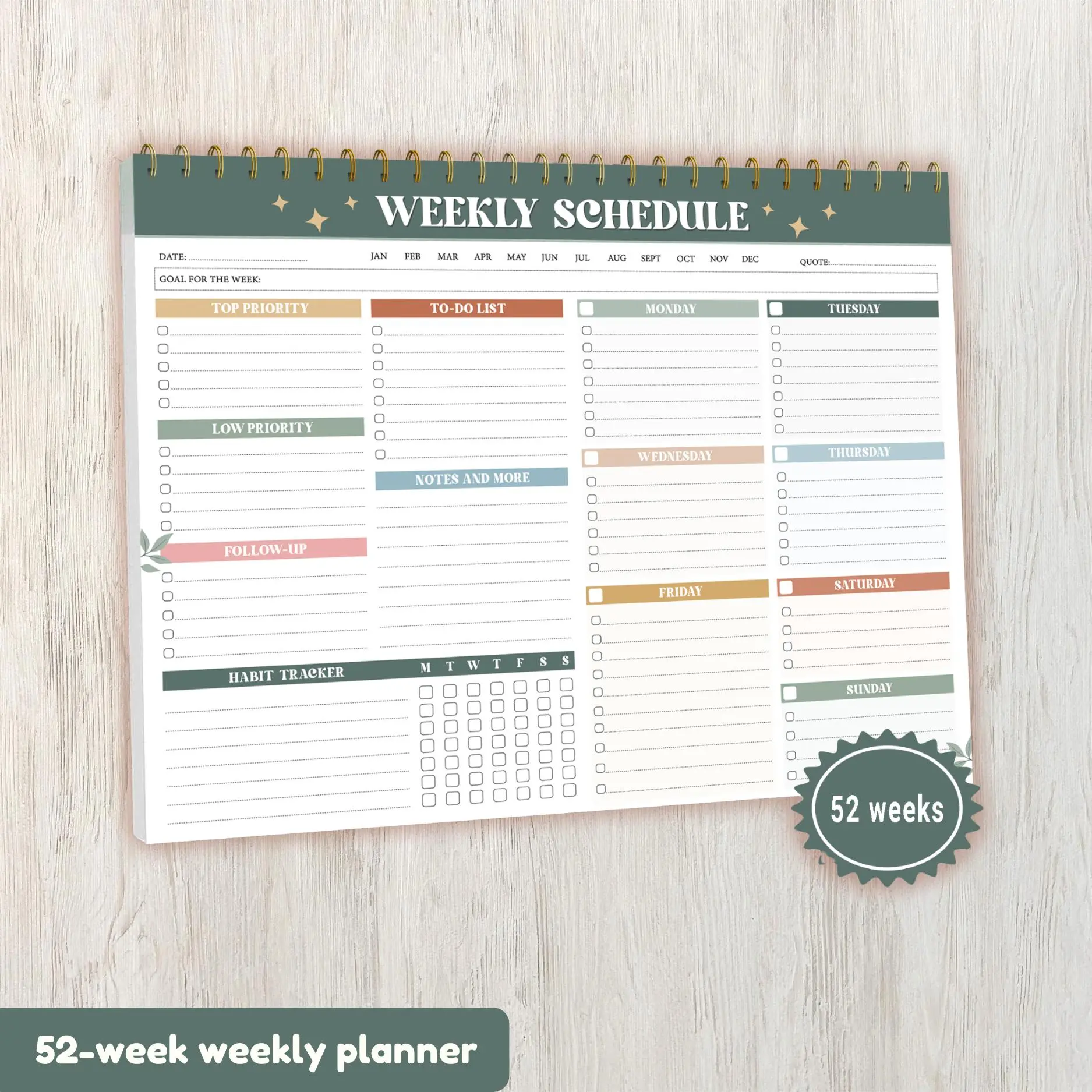 Weekly To Do List Notepad (8.5x11") – 52 Undated Weekly Planner Spiral Bound - Large Weekly Planner Desk Pad for Work, School & Home, Simple Productivity Organizer (Modern Boho)