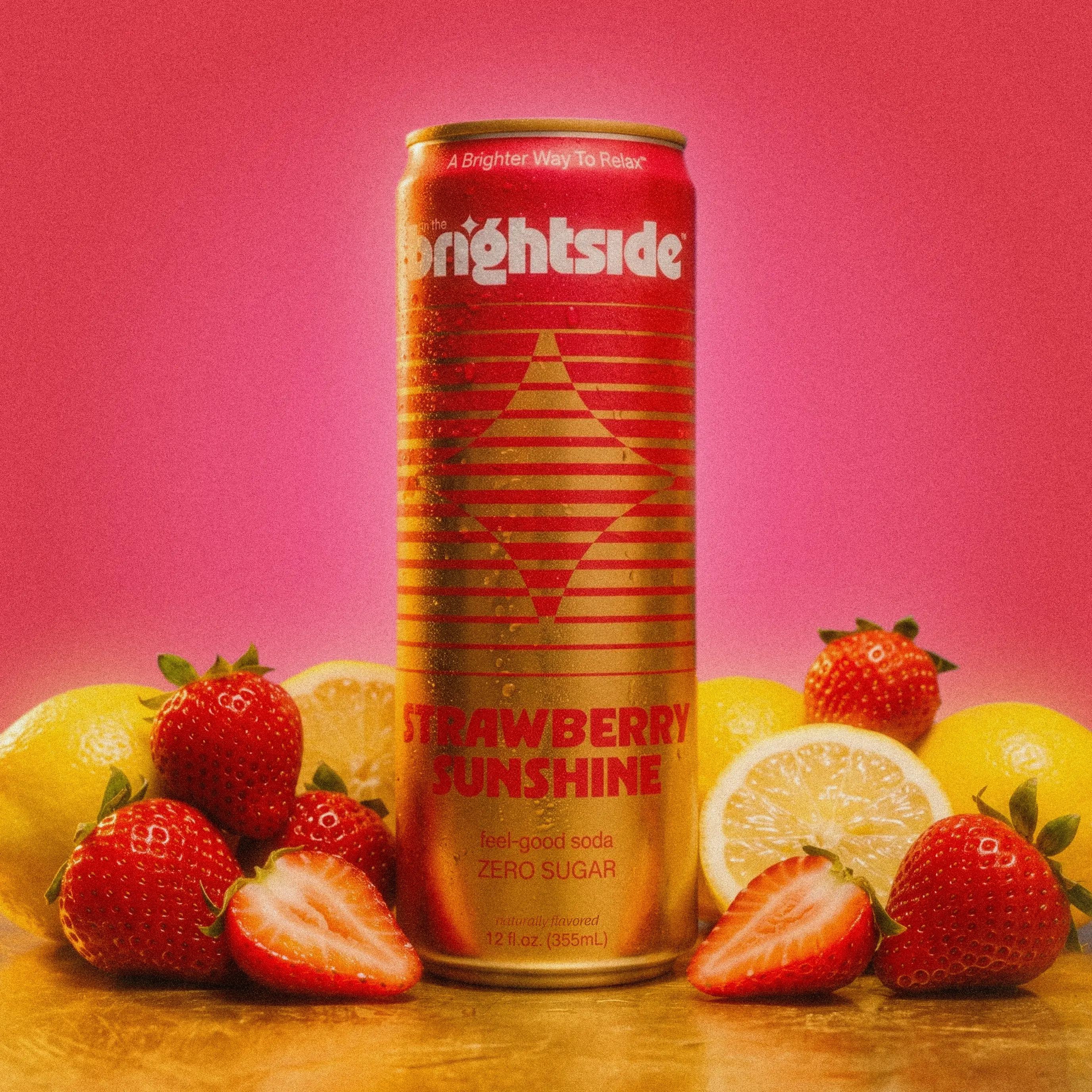 ON THE BRIGHTSIDE Strawberry Sunshine Feel Good Fizzy Soda - Non-Alcoholic, 0 Sugar Social Soda for Calm Clarity (12-Pack, 12oz)